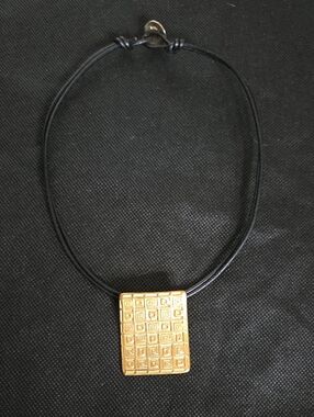 Athens Protasis Textured Square Pendant w Double Black Leather Cord Necklace